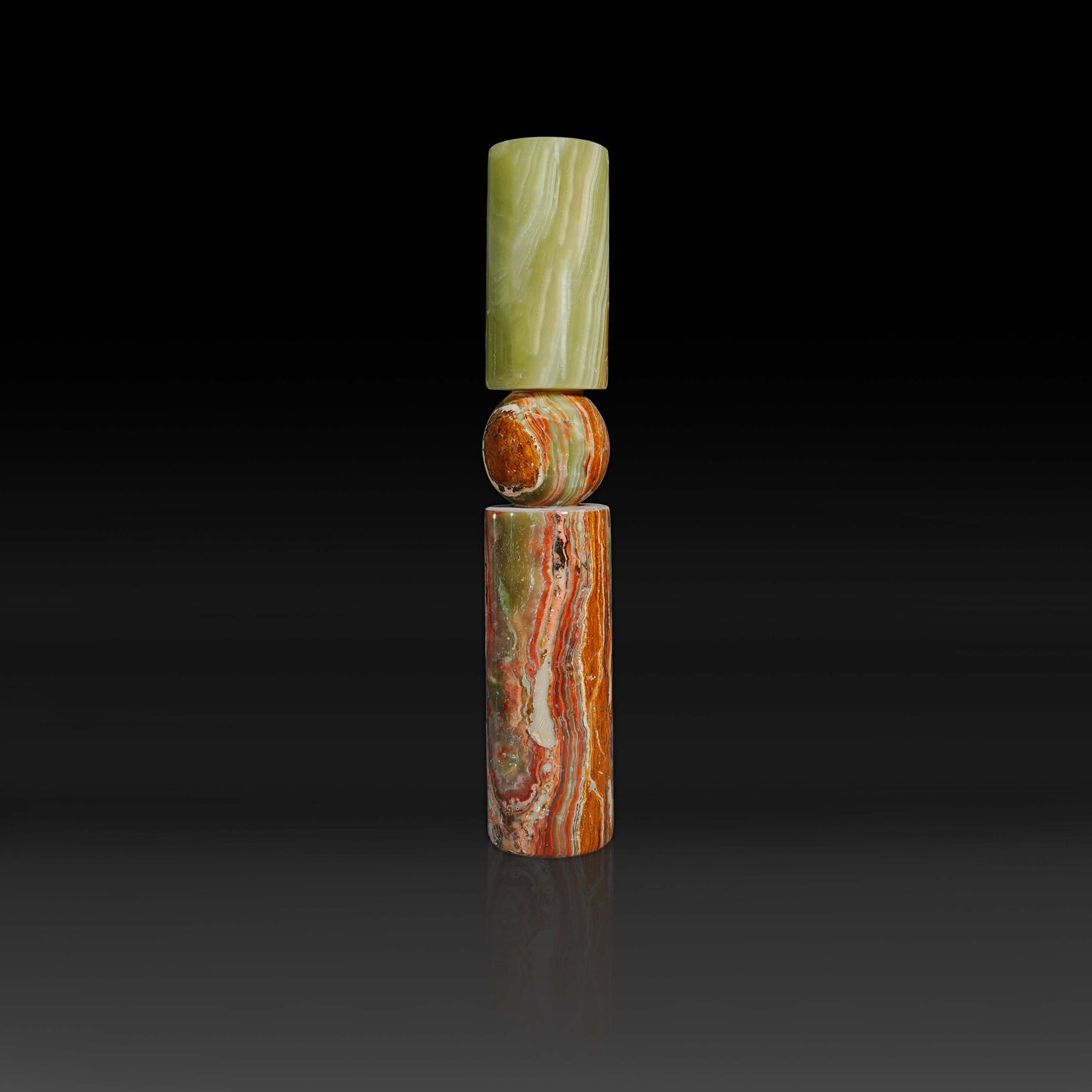 Studio view of Solis Green Onyx natural stone candle holder showcasing polished stone details.