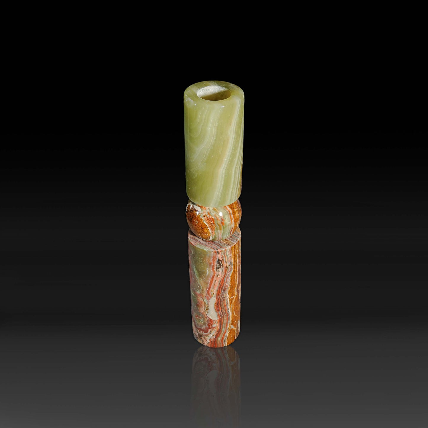 Top view of Solis Green Onyx natural stone candle holder showcasing polished stone details.