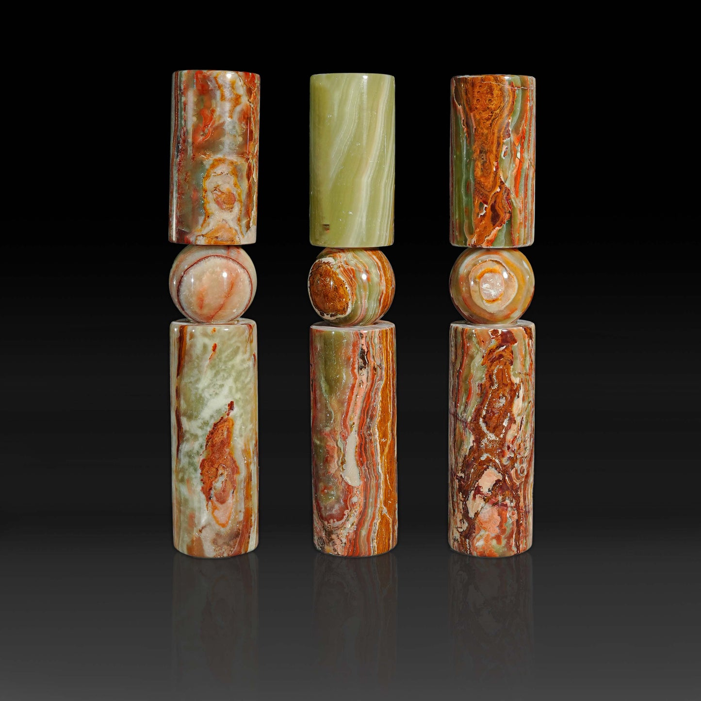Set of three Solis Green Onyx natural stone candle holders showcasing polished green onyx and subtle natural veining.