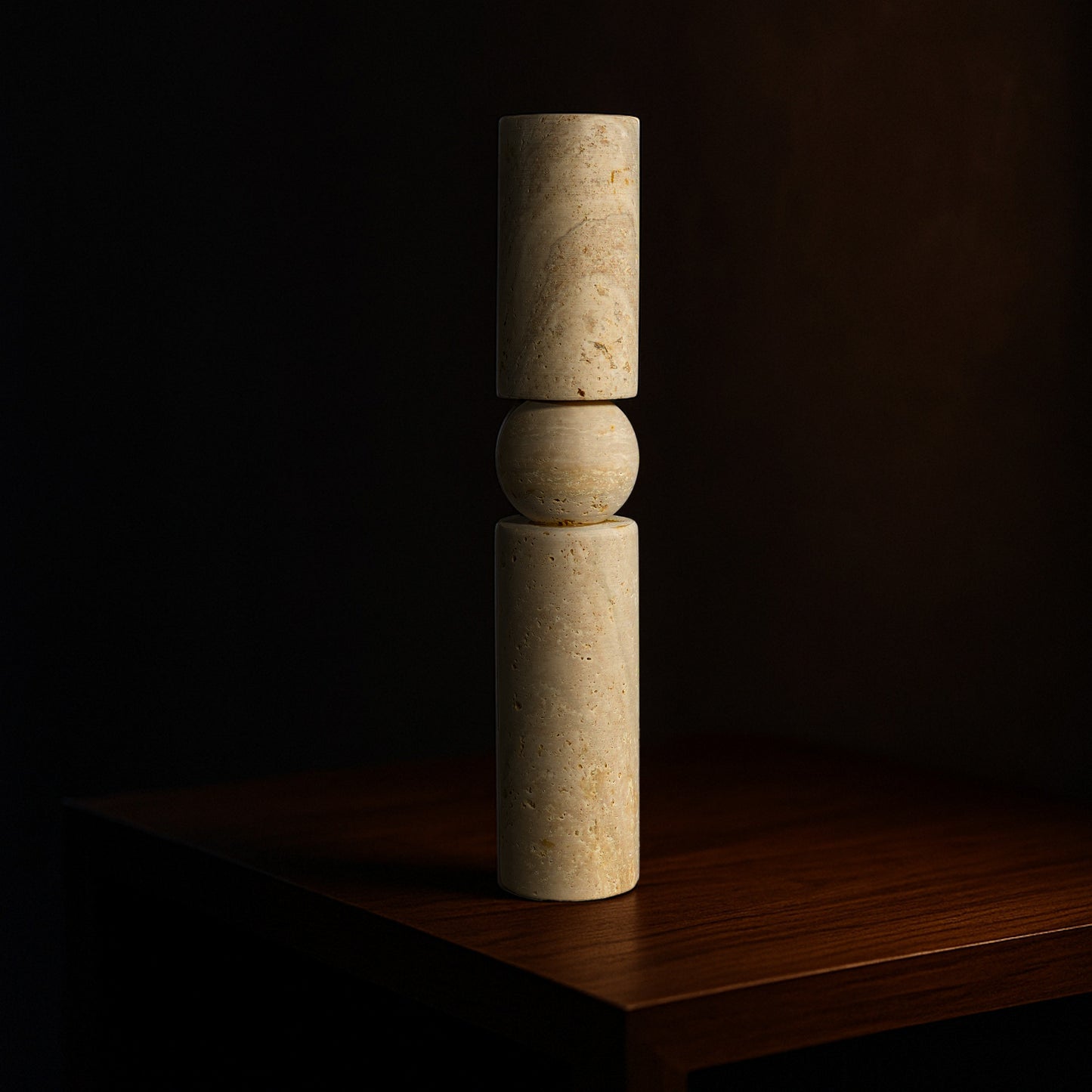 Solis natural stone candle holder in Travertine with warm natural stone texture.