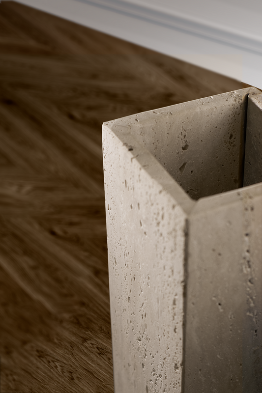 Close-up of Terra Travertine Vase showing natural travertine texture and veining.
