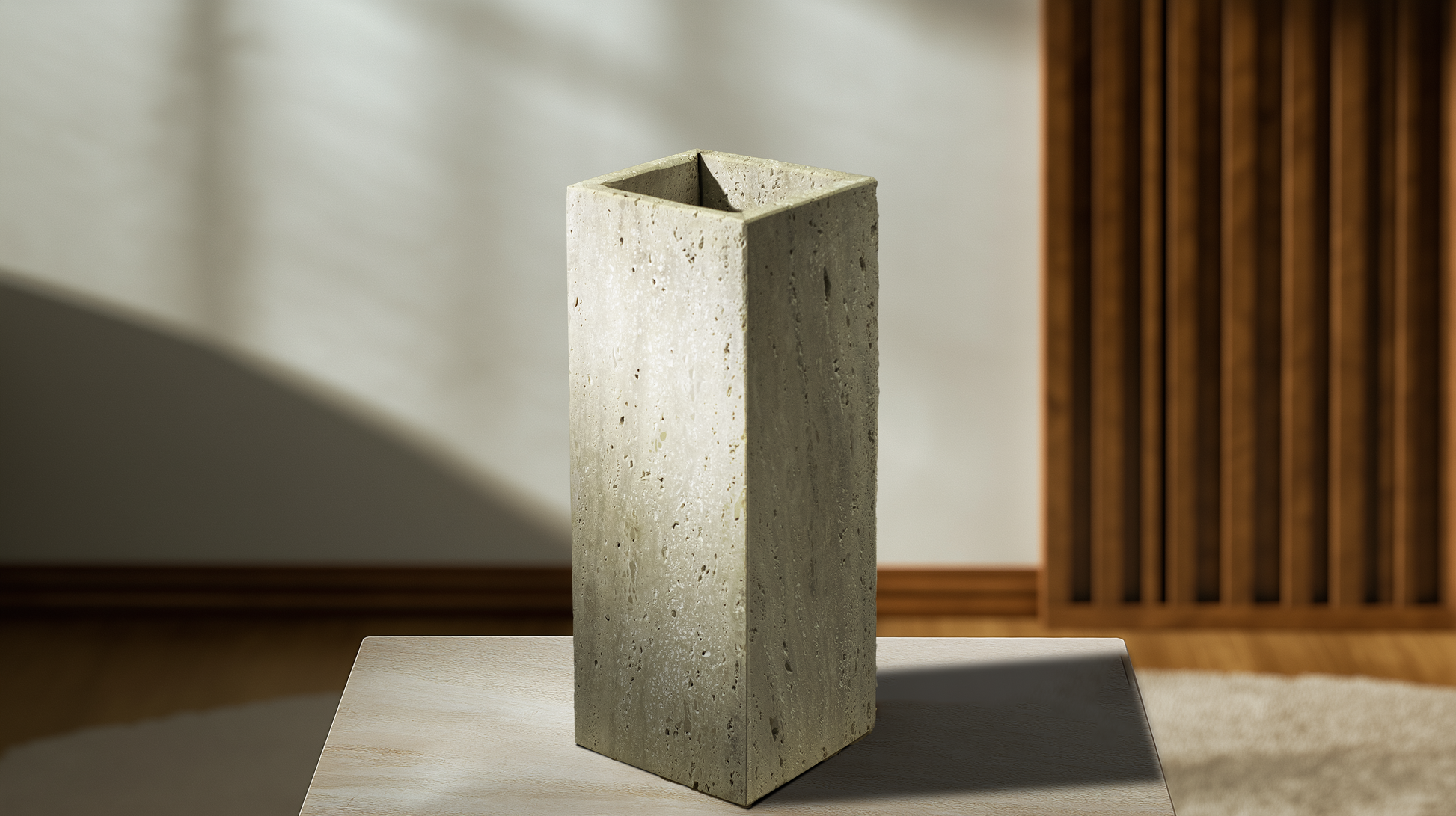 Terra Travertine Vase handcrafted from a solid piece of natural travertine.