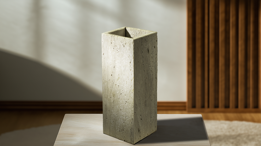Terra Travertine Vase handcrafted from a solid piece of natural travertine.