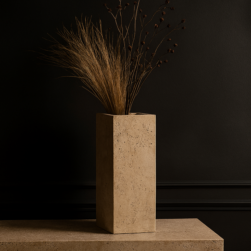 Terra Travertine Vase handcrafted from premium natural travertine featuring a rectangular sculptural design with dried botanical stems in a modern interior.