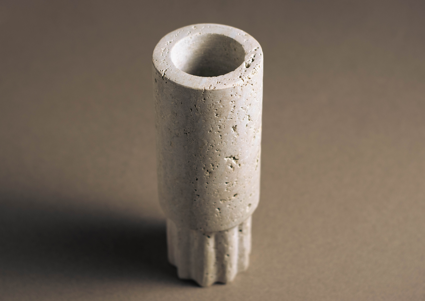 Travertine Column Vase top angle natural travertine decorative vase.