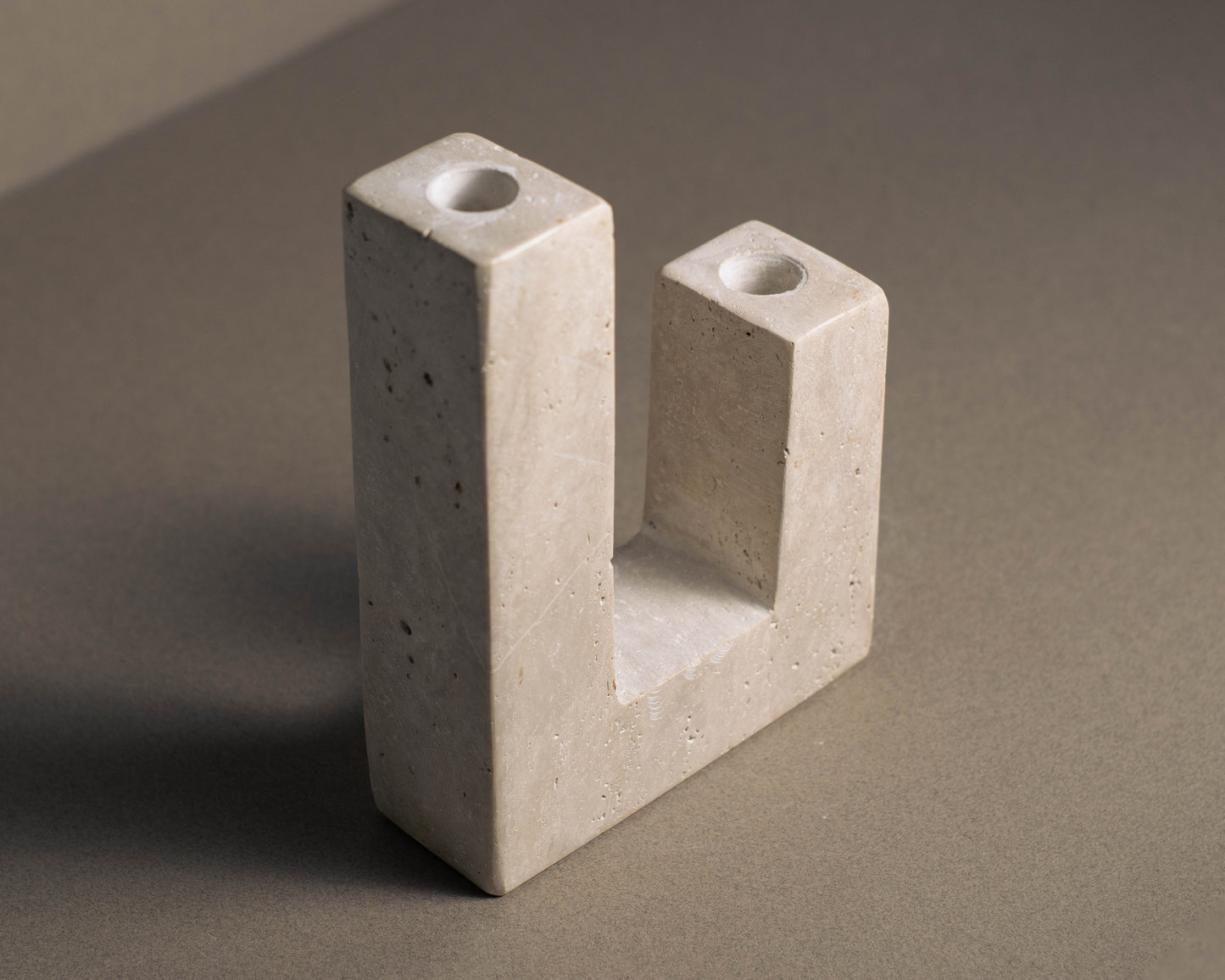 Travertine L-Shaped Candle Holder side angle view natural stone candle holder.