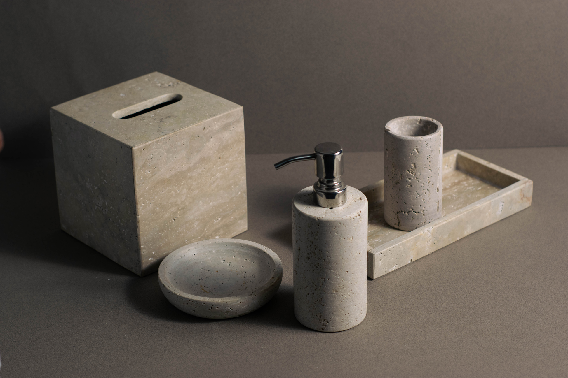 Luxury travertine bathroom accessories set with soap dispenser, Tumbler, Tissue Box Cover, soap dish and tray.