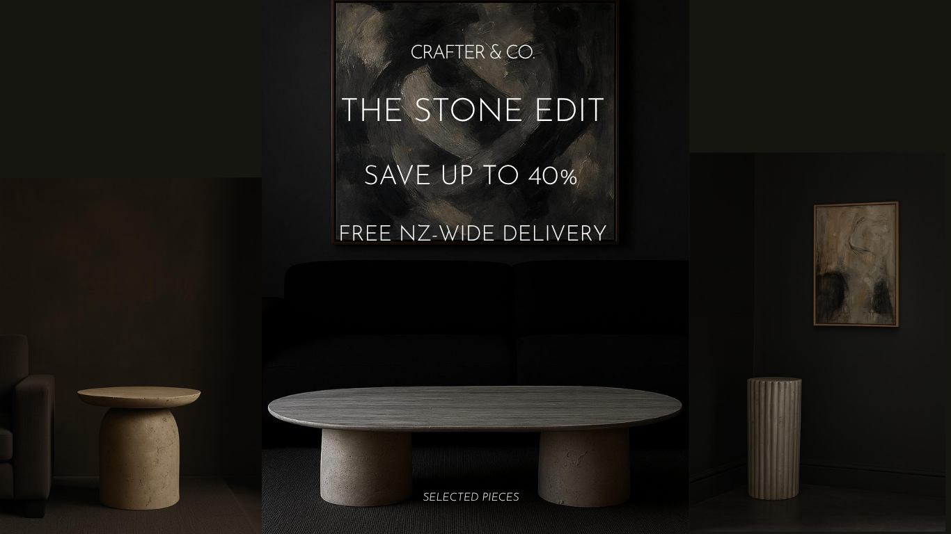 Luxury travertine coffee table, side table and stone plinth by Crafter & Co.