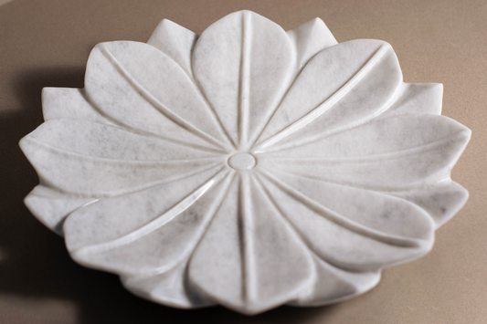 White Marble Lotus Bowl handcrafted from natural white marble with lotus-inspired design.