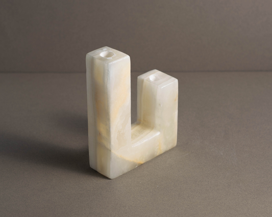 White Onyx L-Shaped Candle Holder front angle view handcrafted natural onyx candle holder.