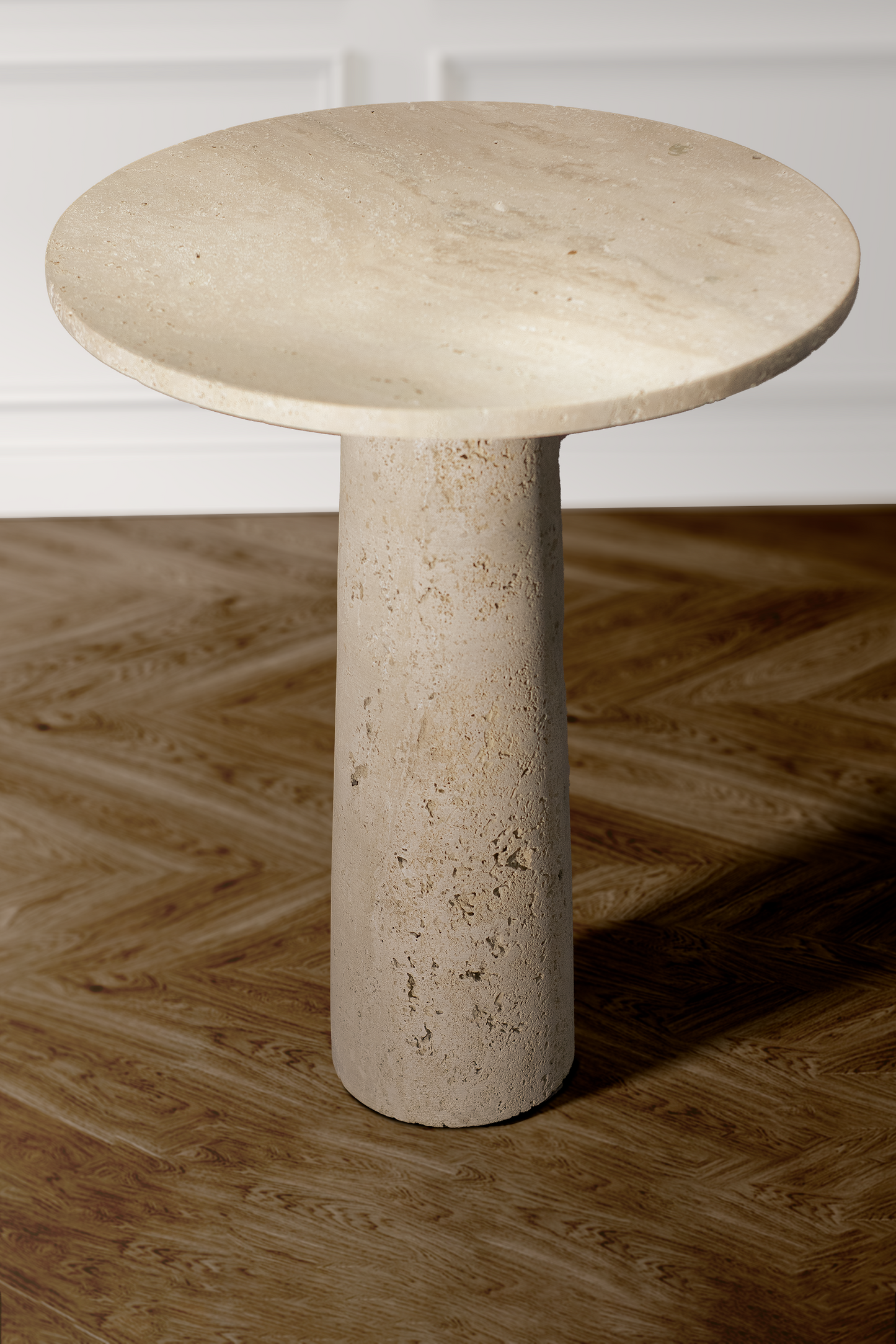Zenith Travertine Side Table handcrafted from natural travertine with a round top and tapered pedestal base