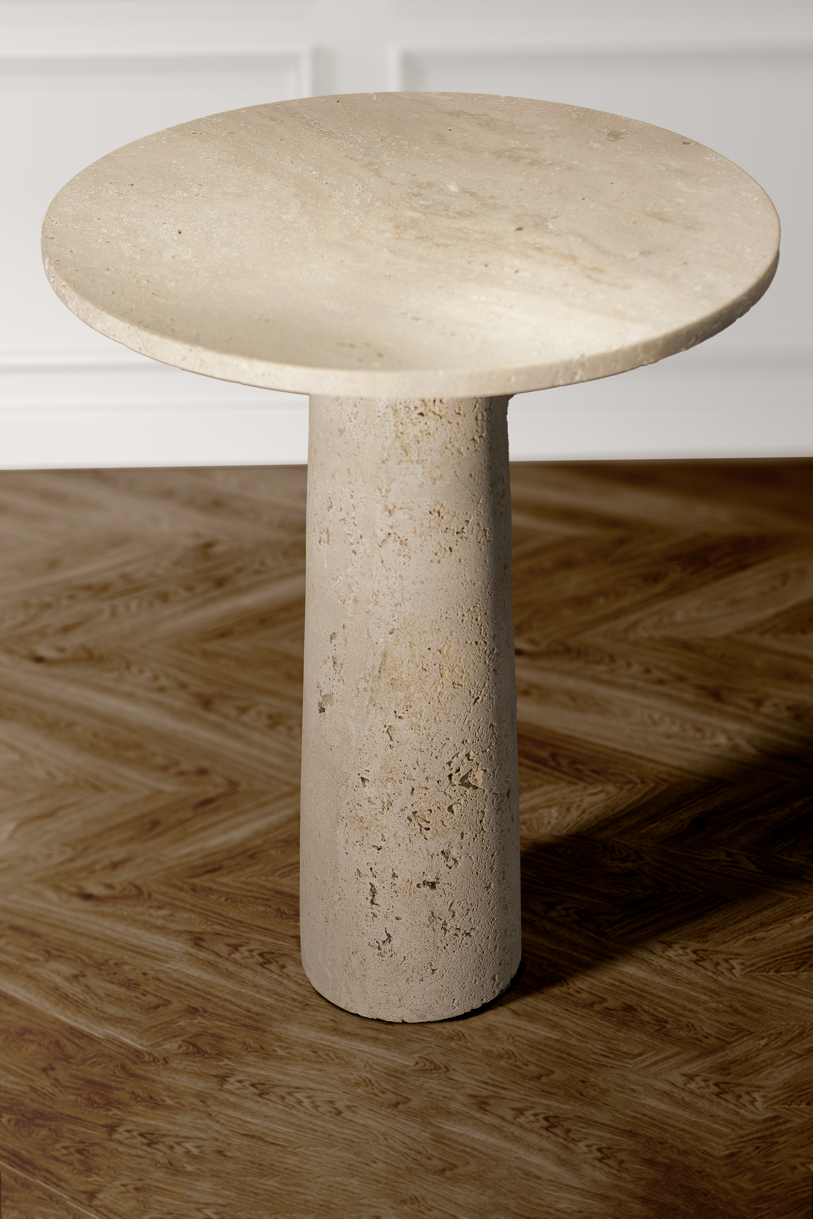 Zenith Travertine Side Table handcrafted from natural travertine with a round top and tapered pedestal base
